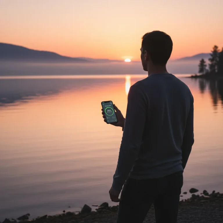 Person enjoying sunrise with phone showing digital wellness app