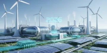 Sustainable industrial landscape with wind turbines, solar panels, and modern factories by 2026.