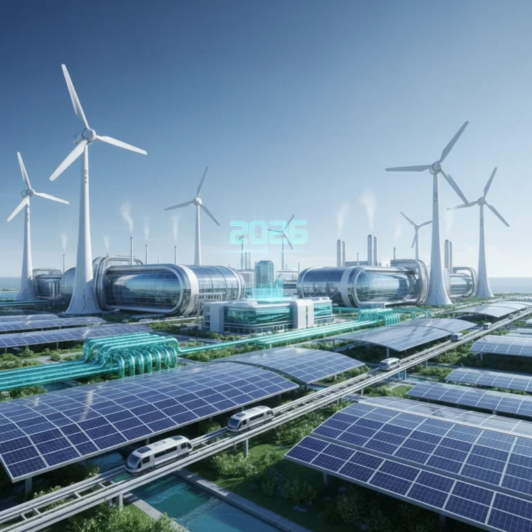 Sustainable industrial landscape with wind turbines, solar panels, and modern factories by 2026.