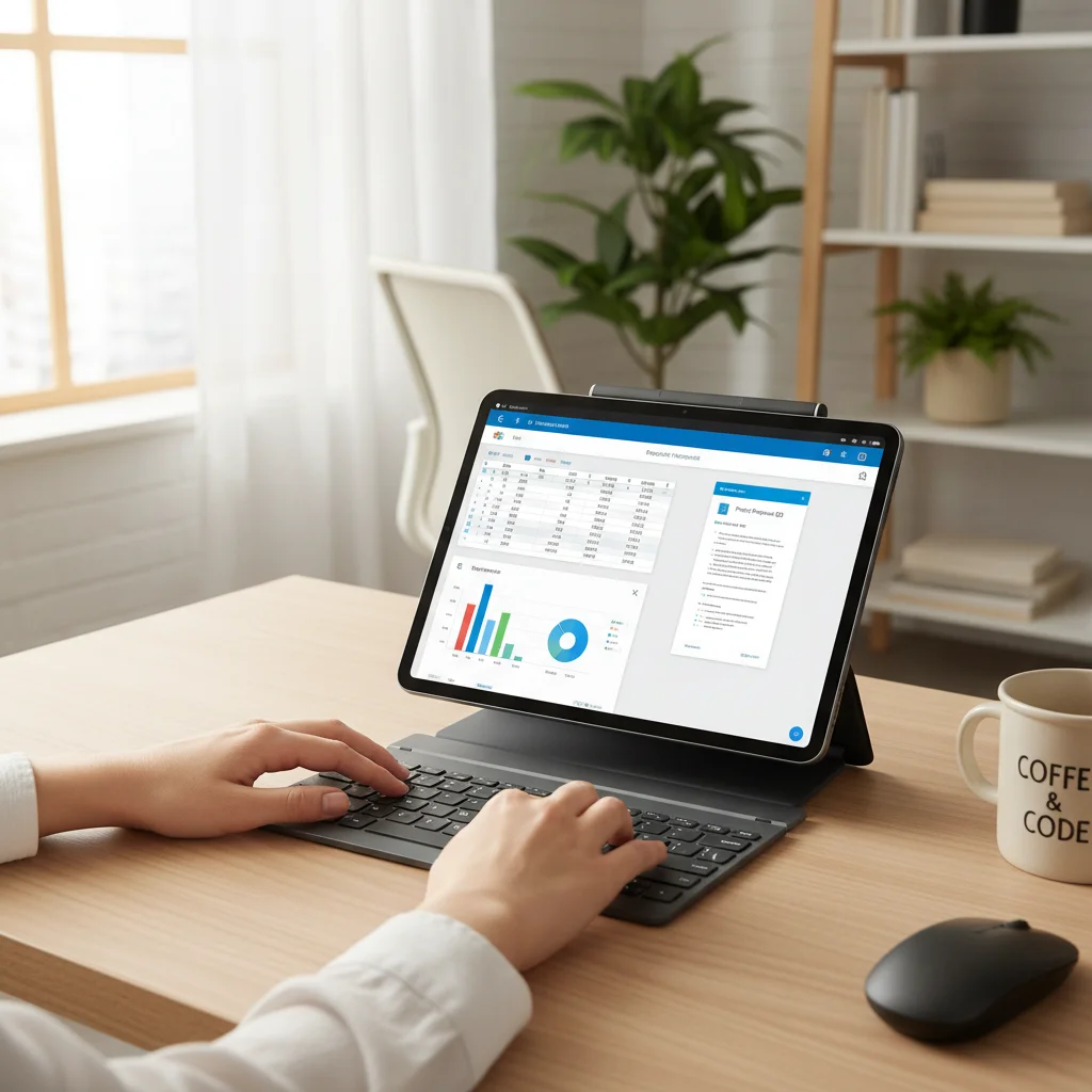 Hands typing on a tablet with a detachable keyboard, showcasing productivity apps