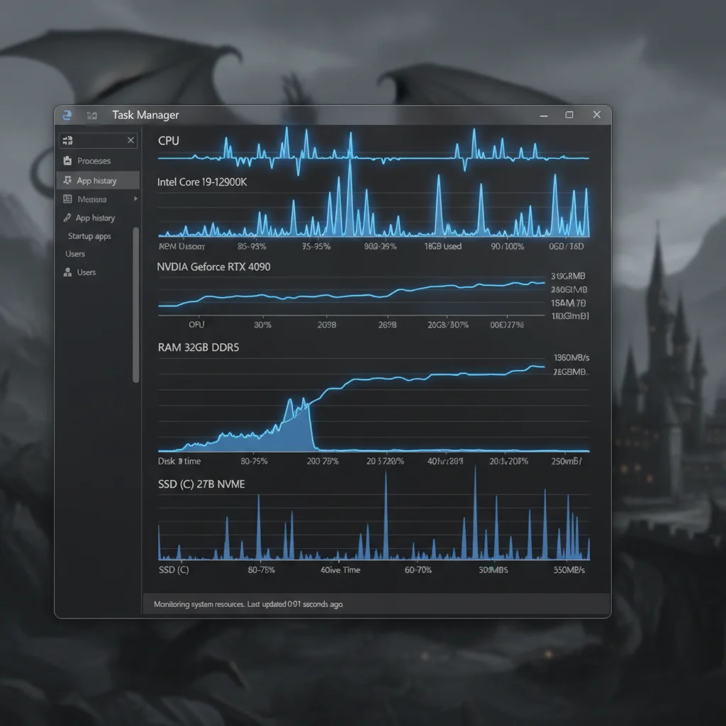 Windows Task Manager displaying system resource usage during gaming.