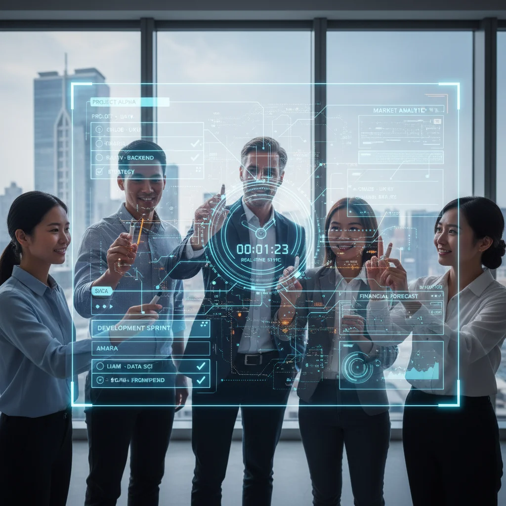 Project team collaborating on a virtual dashboard