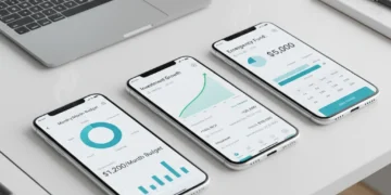 Three finance management apps on smartphones, charts, budget, and savings