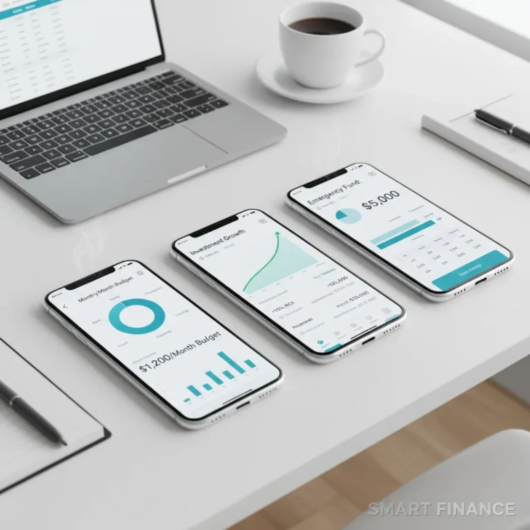 Three finance management apps on smartphones, charts, budget, and savings