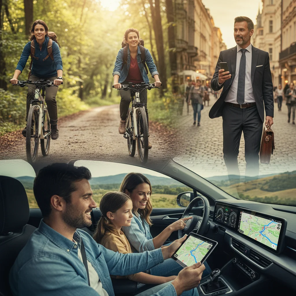 Diverse travelers using navigation apps on various devices for relaxed and confident journeys.