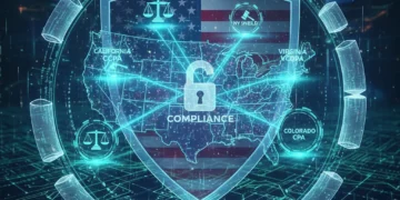Digital representation of data privacy regulations in the US for 2026, showing secure data flow and legal frameworks.