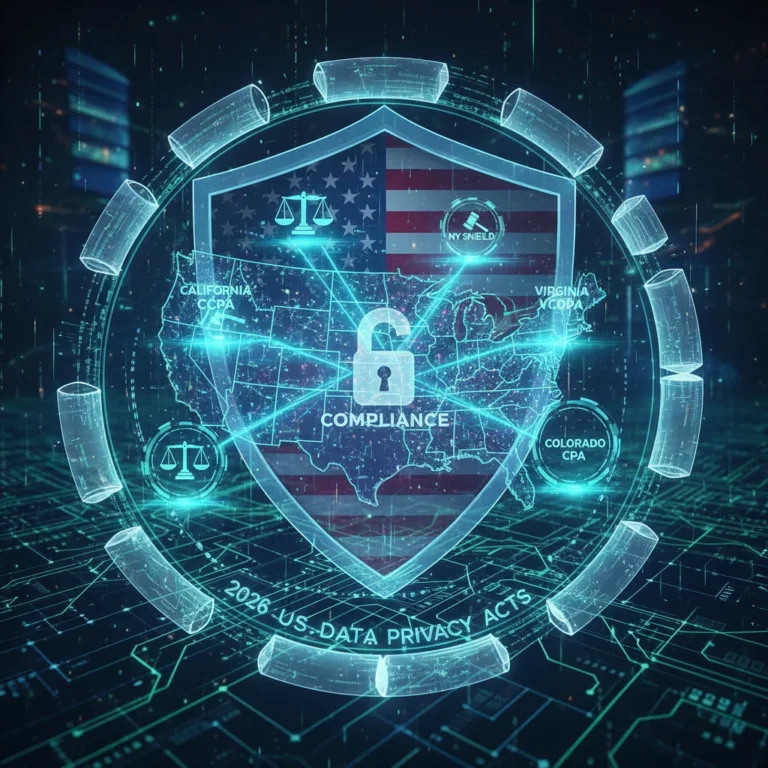 Digital representation of data privacy regulations in the US for 2026, showing secure data flow and legal frameworks.