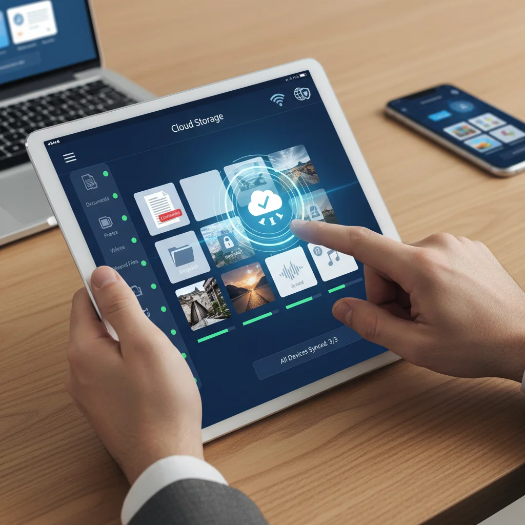 User accessing files on a cloud storage app interface on a tablet