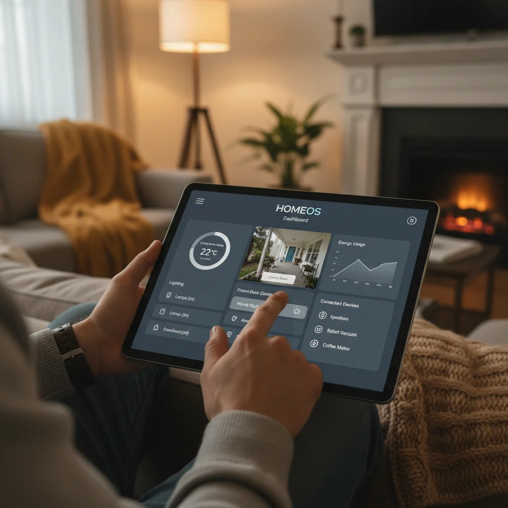 User interacting with smart home hub dashboard on a tablet