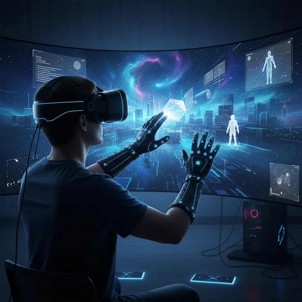User interacting with a virtual environment using a high-tech VR headset and haptic gloves.
