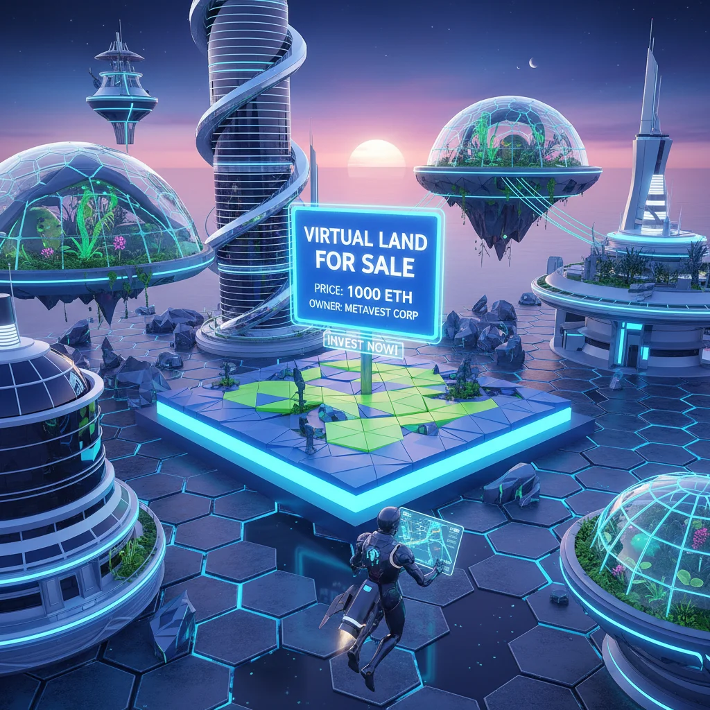 Virtual real estate plot with 'for sale' sign in a digital metaverse landscape, illustrating property investment.