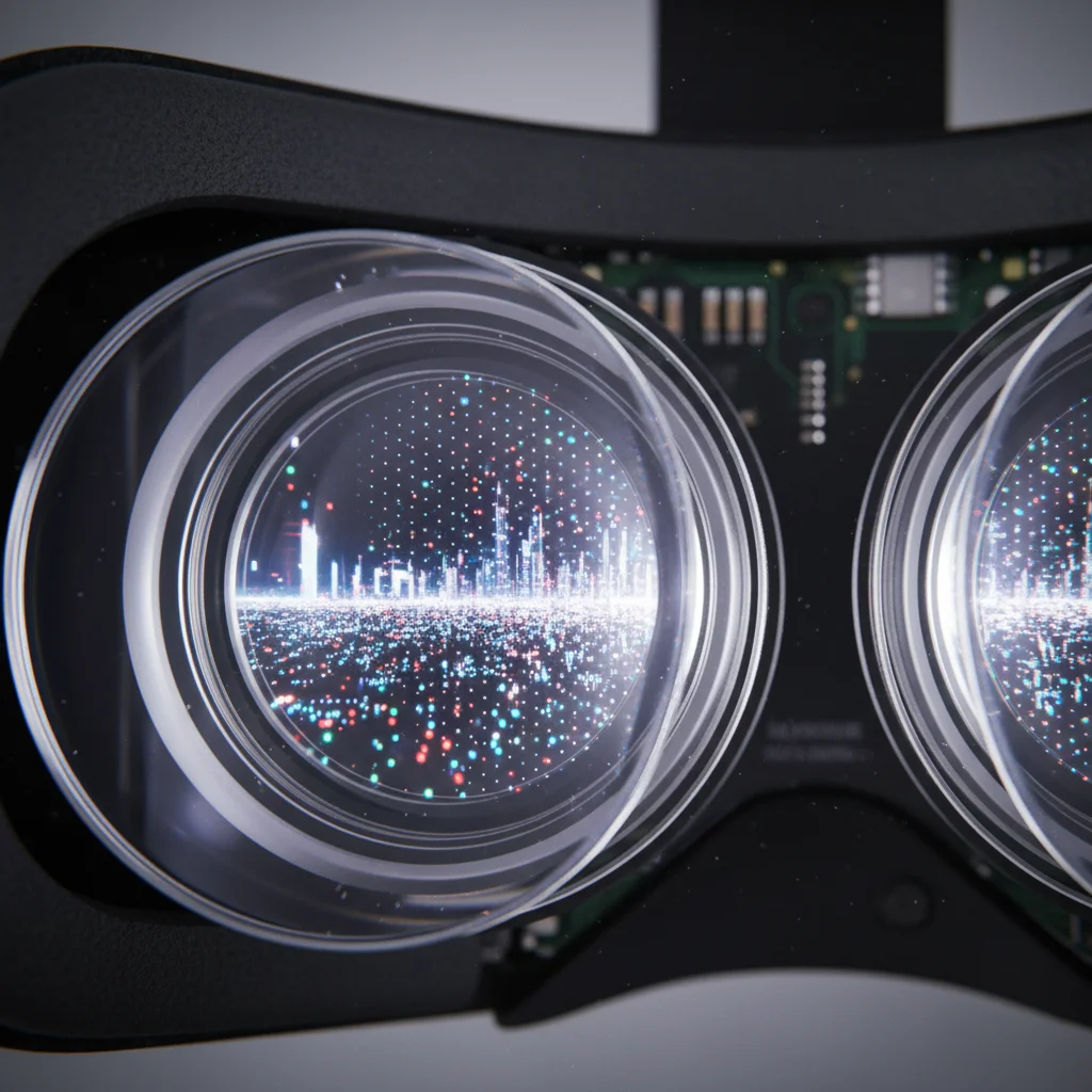 Close-up of a VR headset's advanced lens and display technology, highlighting pixel density.