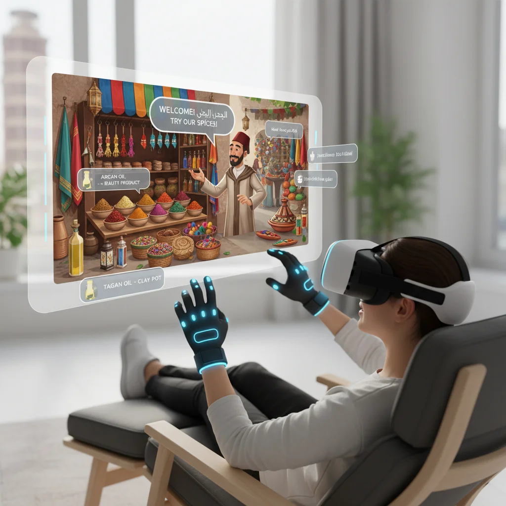 User practicing language in a virtual reality simulated market environment