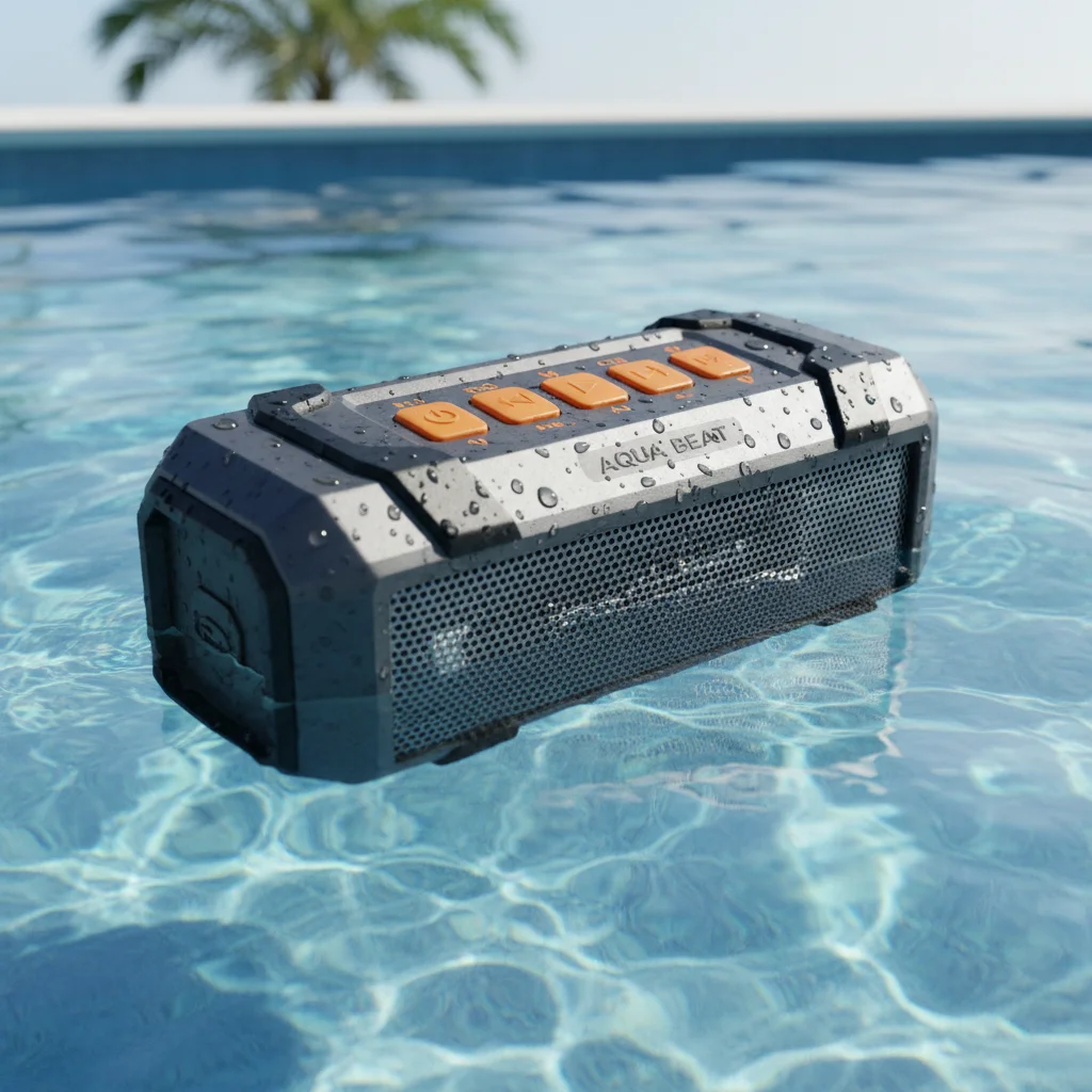 Durable waterproof portable speaker next to a swimming pool, showcasing its rugged design.