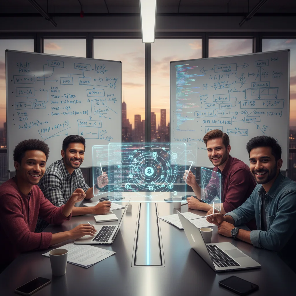 Web3 developers collaborating on decentralized application design and blockchain architecture.