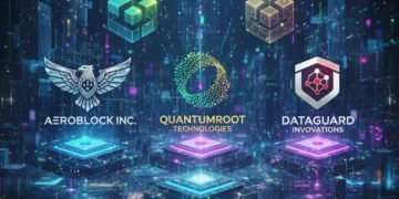 Futuristic Web3 landscape with interconnected blockchain nodes and innovative US startup logos.