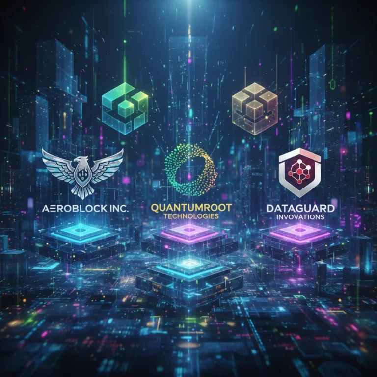 Futuristic Web3 landscape with interconnected blockchain nodes and innovative US startup logos.