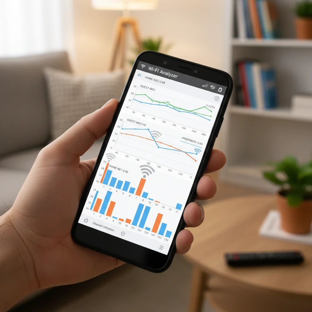 Smartphone displaying Wi-Fi analyzer app data