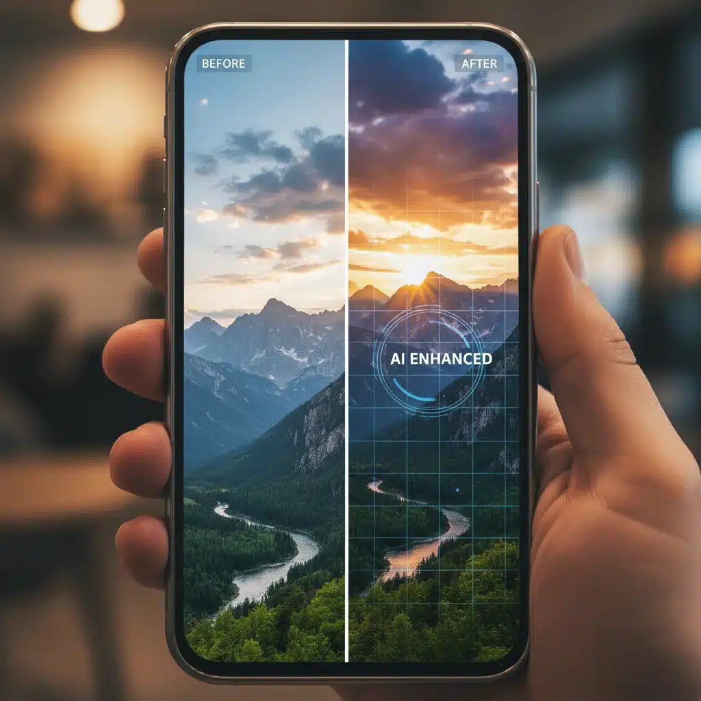 Before and after comparison of a landscape photo edited with AI, showcasing enhanced colors and details.