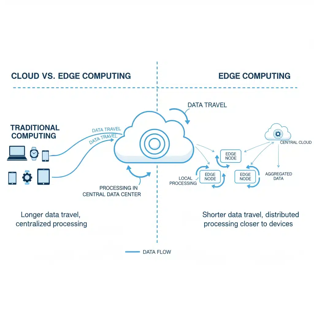Comparison diagram of cloud versus edge computing architectures.