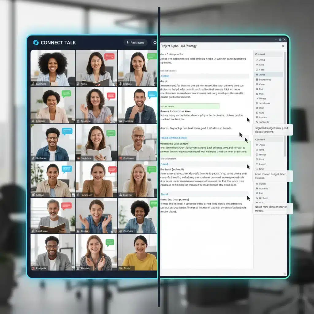 Team collaborating on a document and video call simultaneously.