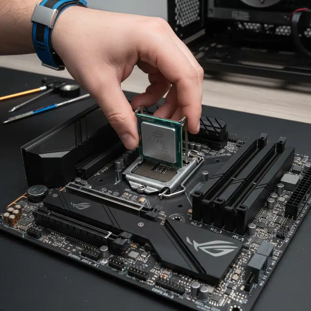 Installing a CPU onto a motherboard with an anti-static wrist strap, crucial step in PC assembly.