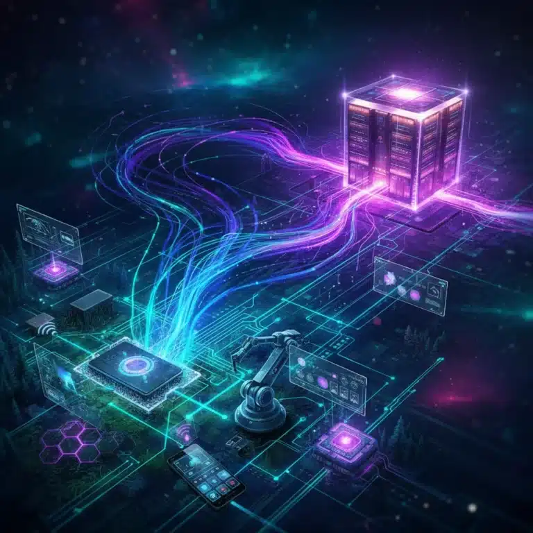 Edge Computing network with IoT devices processing data locally, speeding up operations.