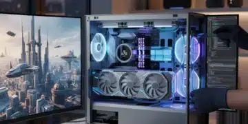 Futuristic custom PC build with RGB lighting and high-end components on a modern desk.