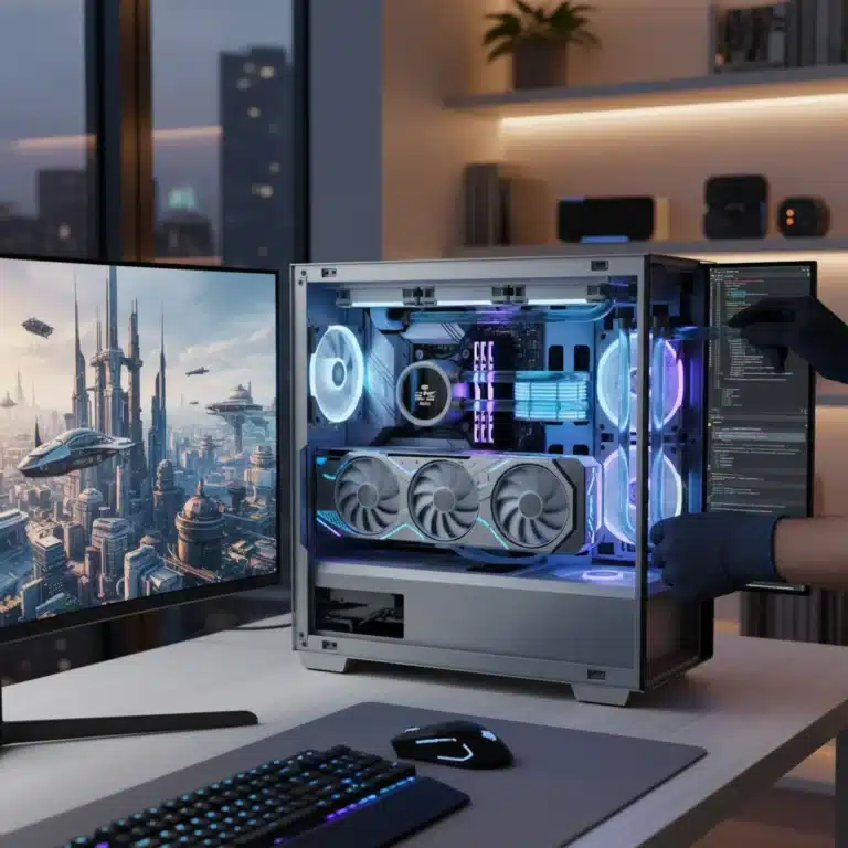 Futuristic custom PC build with RGB lighting and high-end components on a modern desk.