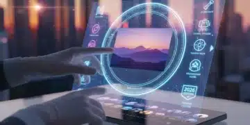 Futuristic interface of a photo editing app with digital tools and AI enhancements, representing advanced mobile photography.