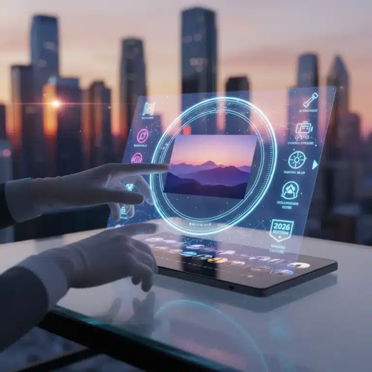 Futuristic interface of a photo editing app with digital tools and AI enhancements, representing advanced mobile photography.