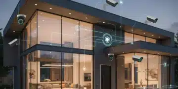 Futuristic smart home with active security cameras providing comprehensive protection
