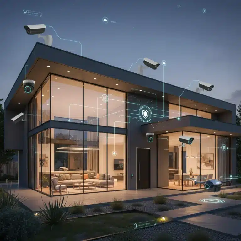 Futuristic smart home with active security cameras providing comprehensive protection