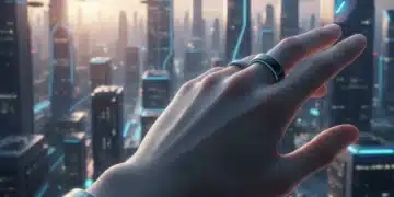 Wearable Tech 2026: Health & Productivity Trends in the US Futuristic wearable devices on a hand, symbolizing advanced health and productivity tech.