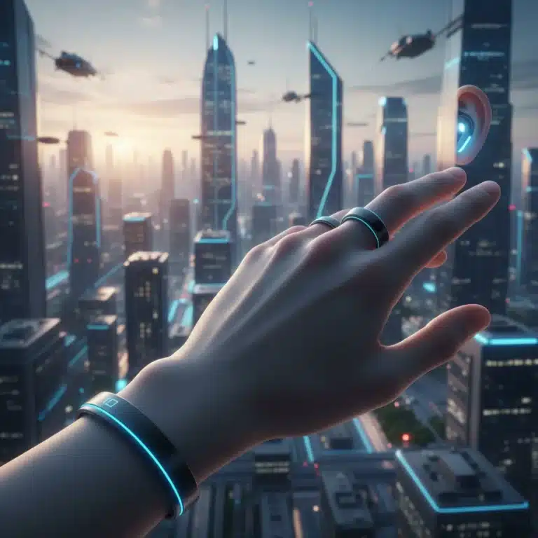 Futuristic wearable devices on a hand, symbolizing advanced health and productivity tech.