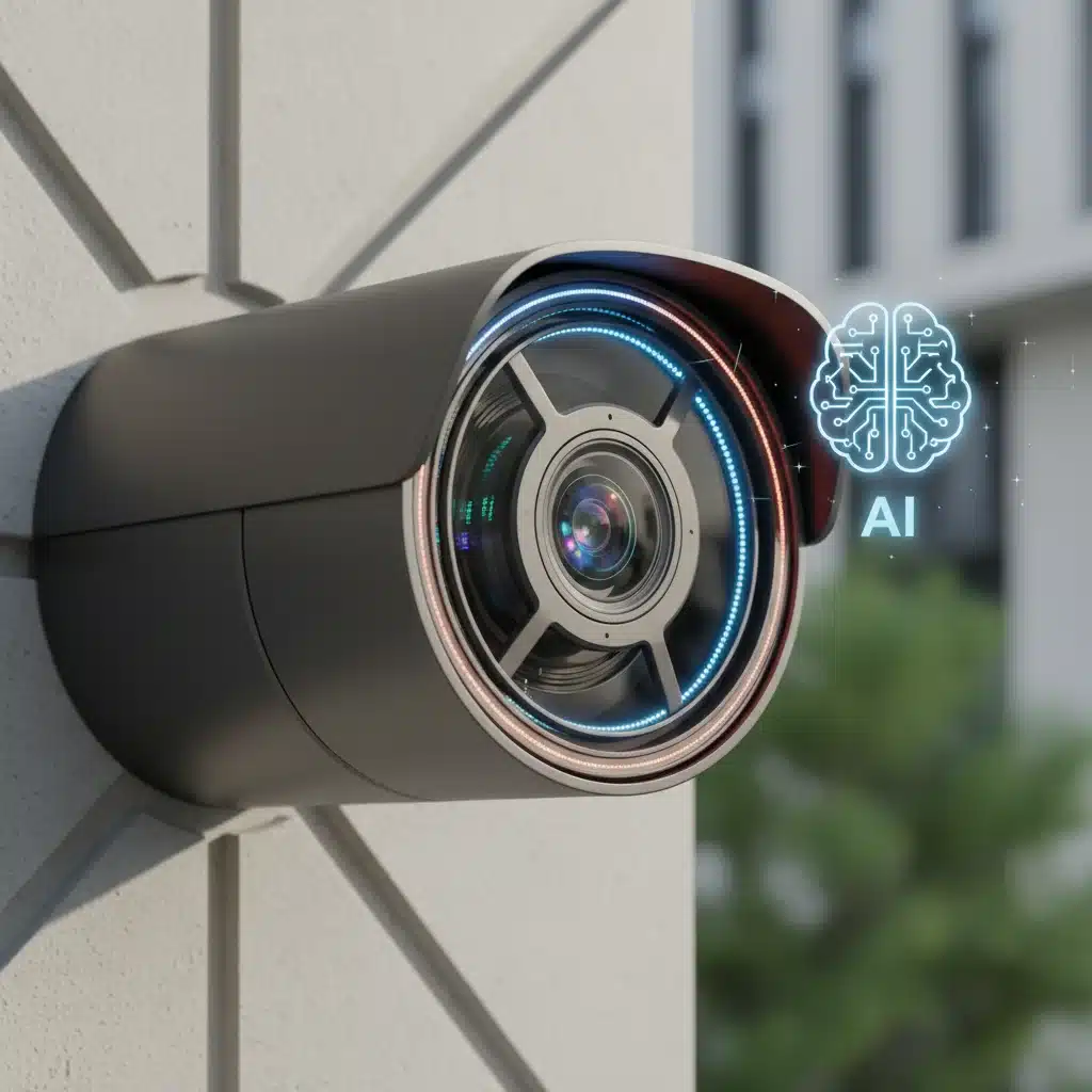 Close-up of a high-definition smart security camera lens with AI features