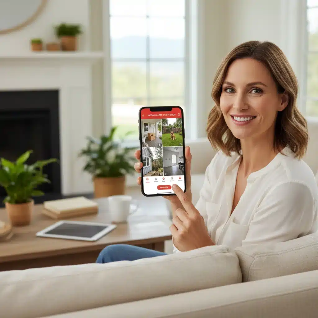 Homeowner monitoring multiple smart security camera feeds on a mobile app