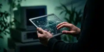 A person examining a glowing, translucent smart device with AI patterns, set against a backdrop of blurred tech, emphasizing current gadget trends and sustainability.