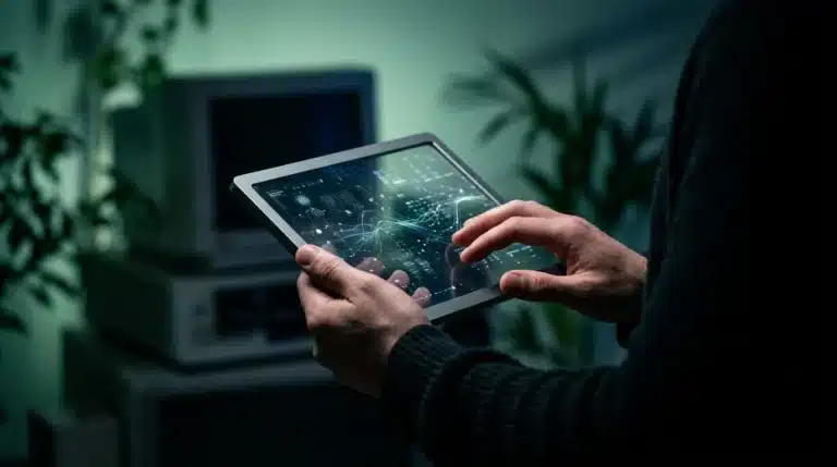 A person examining a glowing, translucent smart device with AI patterns, set against a backdrop of blurred tech, emphasizing current gadget trends and sustainability.