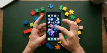 Beyond the Hype: Unveiling Must-Have Apps for Enhanced Digital Life Overhead view of a person's hands holding a smartphone displaying numerous app icons, surrounded by colorful building blocks on a dark green desk, symbolizing the vast app ecosystem.