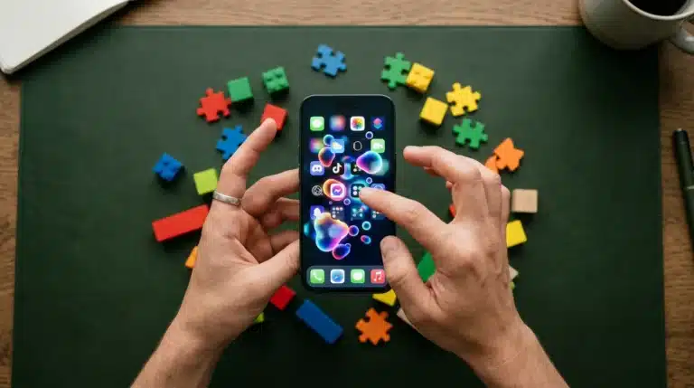 Overhead view of a person's hands holding a smartphone displaying numerous app icons, surrounded by colorful building blocks on a dark green desk, symbolizing the vast app ecosystem.
