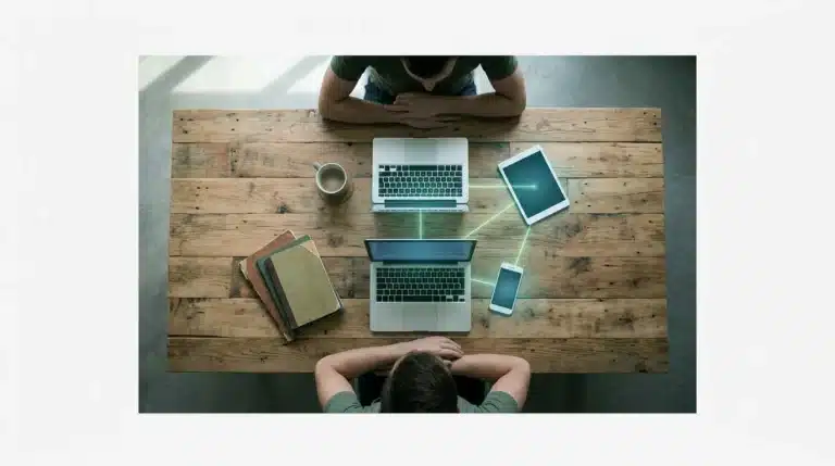 An aerial view of a desk setup, showing a person using a laptop, tablet, and smartphone with glowing green lines indicating app integration, emphasizing essential app selection for a digital workflow.