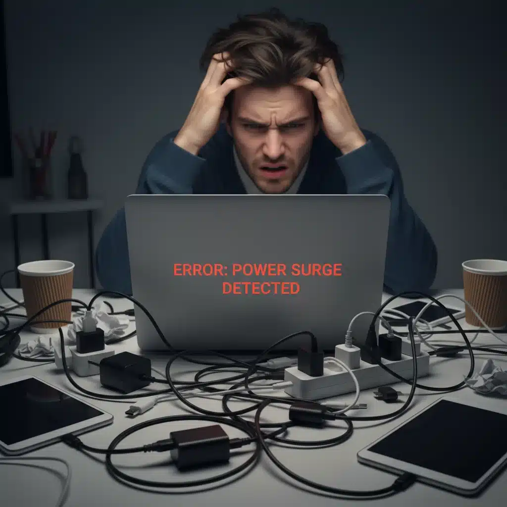 Frustrated user encountering a laptop error message, surrounded by charging cables