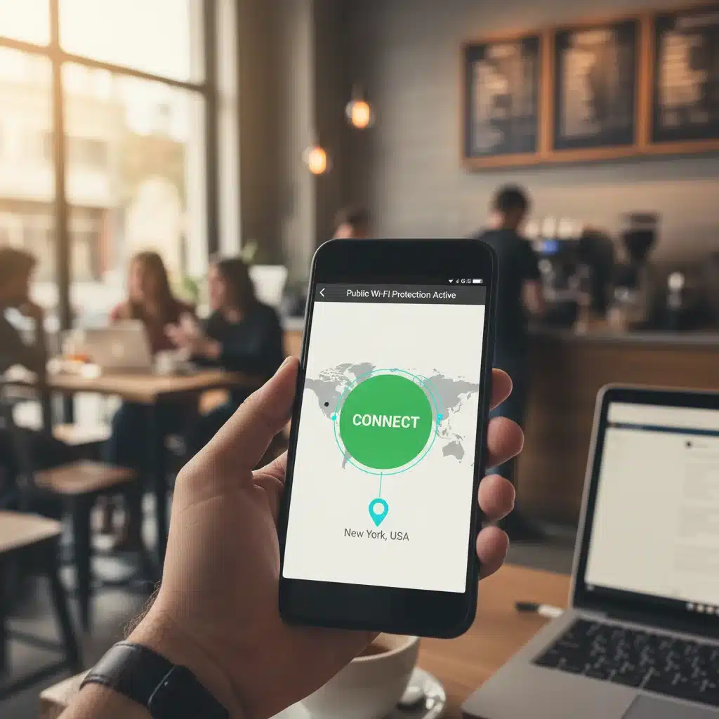 Person using a mobile VPN app to connect securely on public Wi-Fi.