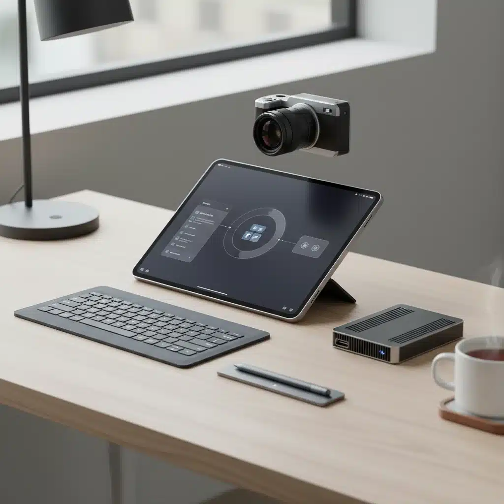 Modular tablet concept with detachable keyboard, GPU, and camera accessories.