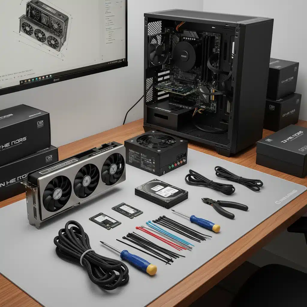 Organized PC building workspace with various components and tools for custom assembly.