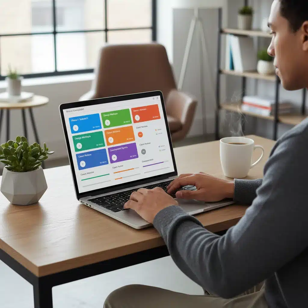 Person managing tasks on a project management app in a home office.