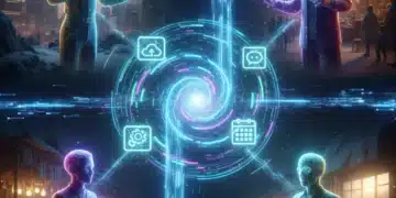 Futuristic digital interface connecting remote workers with productivity app icons.