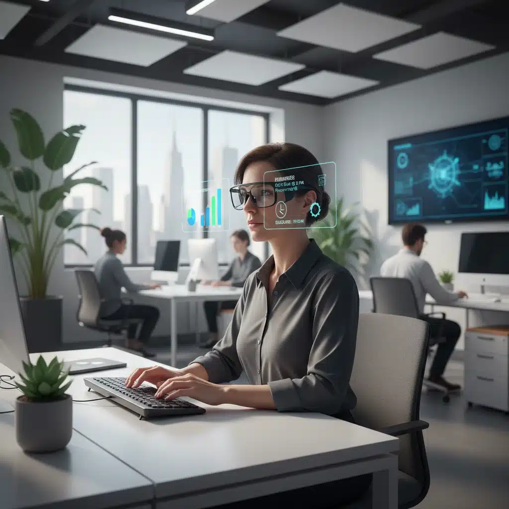 Office worker using smart glasses for augmented reality productivity tools.