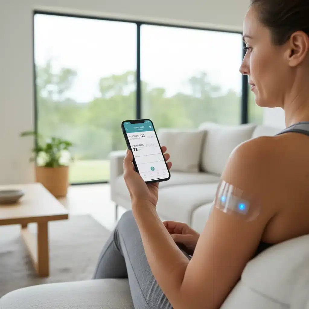 Smart health patch on arm displaying real-time biometric data on a smartphone.